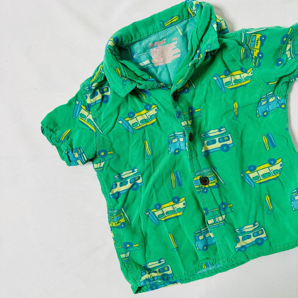 Cat & Jack Green VW Volkswagen Van Hippie Surfer Beach Button Down Top Sz 18 mo